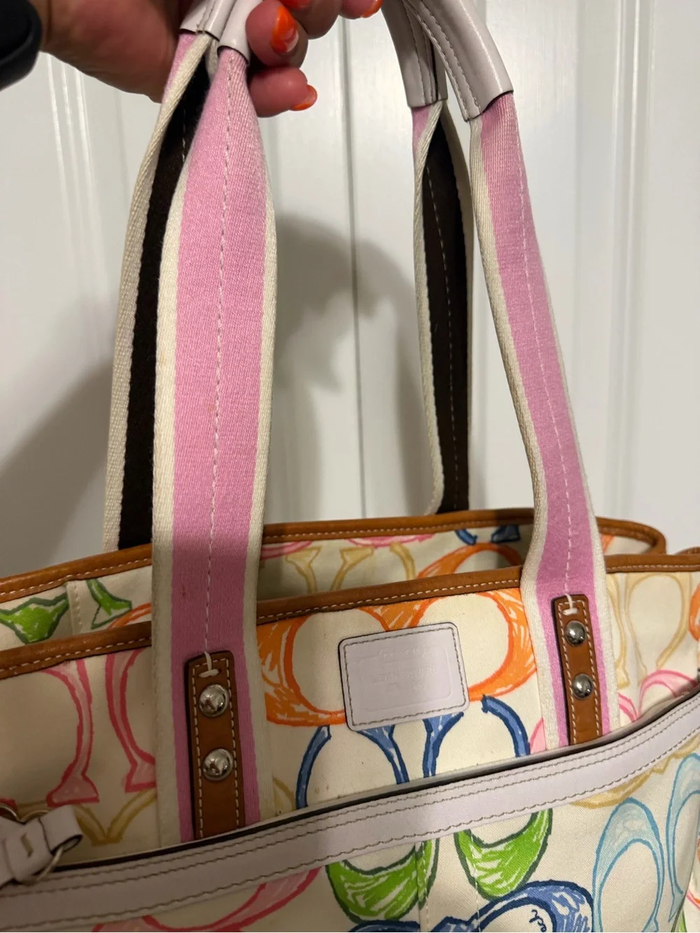 Coach 2007 Scribble Multicolor Tote Pink Trim Handles